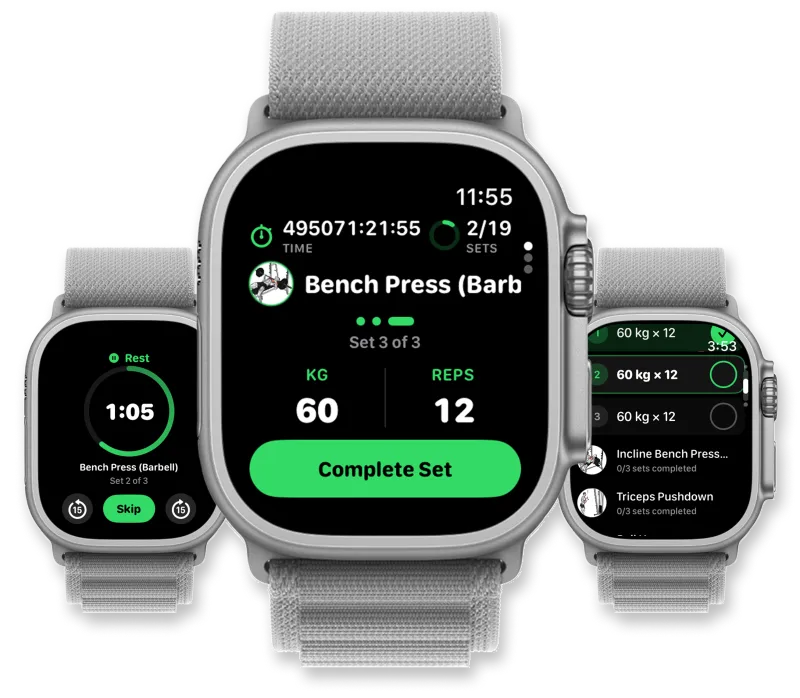 Push Workouts Apple Watch app showing workout tracking with sets, reps, and weight on watchOS