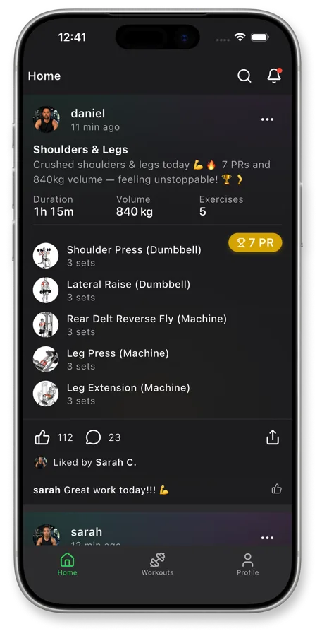 Push Workouts community feed showing athletes sharing workouts, likes, and comments