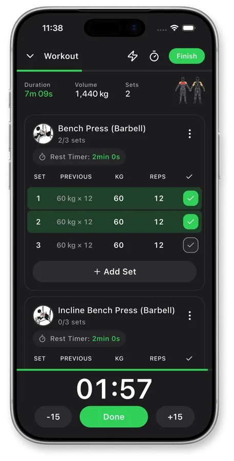 Push Workouts app logging a workout with sets, weight, reps, and rest timer on iPhone